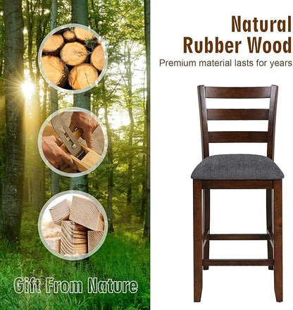 COSTWAY Set of 2 Counter Height Bar Stool, 25.5-Inch Upholstered Bar Stools with Solid Rubber Wood Frame, Foam-Padded Cushion, Footrest, Kitchen Chair for Bistro, Living Room, Grey and Brown