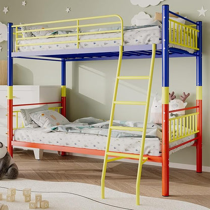 Metal Bunk Bed Twin Over Twin，Loft Bed with Removable Ladder and Full-Length Guardrail，Twin Bunk Beds Frame Heavy Duty Metal Slat Support for Adults, Kids and Young Teens