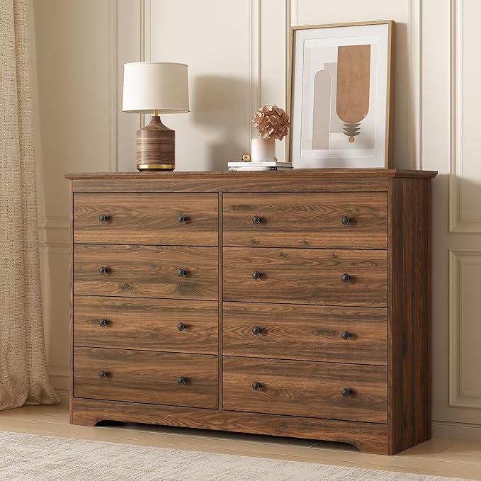 LYNSOM Modern 8 Drawer Dresser, 55.1" Wide Dressers & Chests of Drawers with Large Capacity Storage, Wood Mid Century Storage Dressers Organizer for Bedroom, Brown