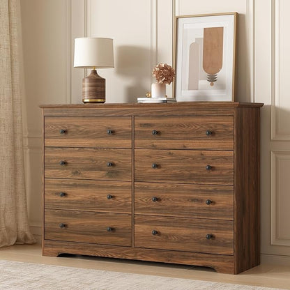LYNSOM Modern 8 Drawer Dresser, 55.1" Wide Dressers & Chests of Drawers with Large Capacity Storage, Wood Mid Century Storage Dressers Organizer for Bedroom, Brown