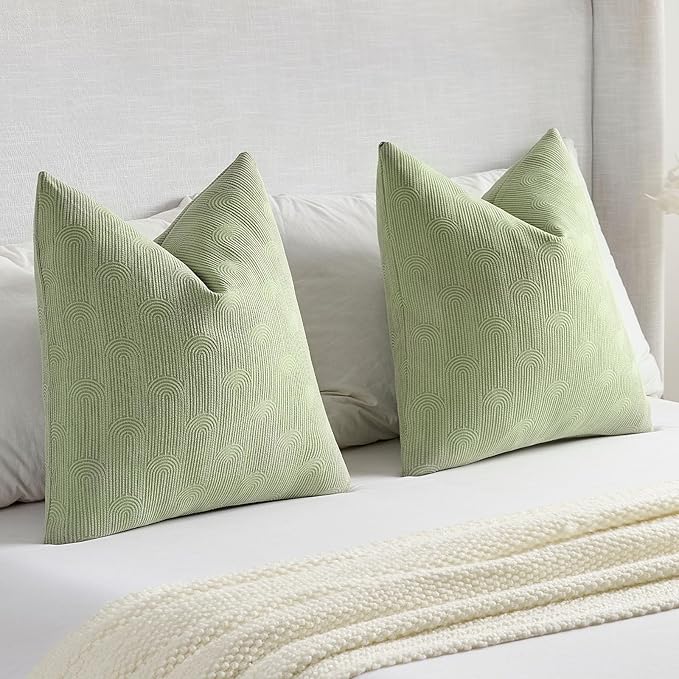 FUTEI Sage Green Chenille Decorative Throw Pillow Covers 18x18 Inch Set of 2,Soft Cozy Striped Geometric Patterns Cushion Case,Modern Home Decor for Couch Bed Living Room