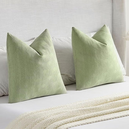 FUTEI Sage Green Chenille Decorative Throw Pillow Covers 18x18 Inch Set of 2,Soft Cozy Striped Geometric Patterns Cushion Case,Modern Home Decor for Couch Bed Living Room