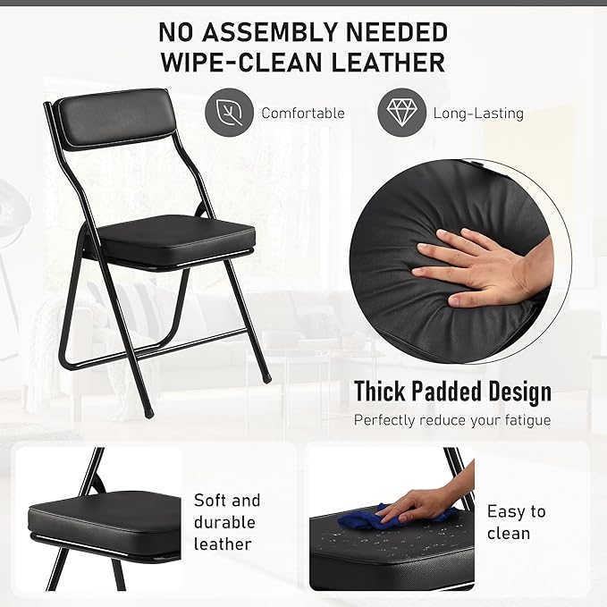 10 Pack Padded Folding Chairs with Cushion, Foldable Dining Chair Set Portable Indoor Outdoor Stackable Folding Chairs with Steel Frame for Home Office Events Wedding Party Black