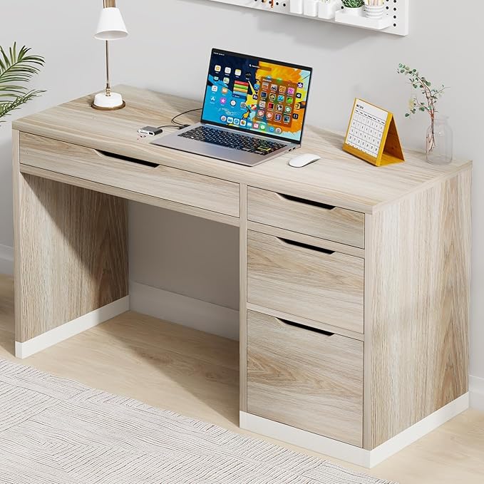 52 Inch Desk with 4 Drawers, Computer Desk with Storage File Cabinet for Bedroom, Small Office Desk with Storage for Small Space, White and Walnut