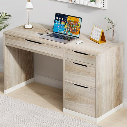 52 Inch Desk with 4 Drawers, Computer Desk with Storage File Cabinet for Bedroom, Small Office Desk with Storage for Small Space, White and Walnut