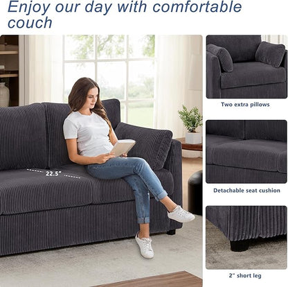 Sofa Set for Living Room Corduroy Couch Sets 3 Seater and Single Chair, Sofas for Apartment and Small Spaces .(Grey, Sofa Set)