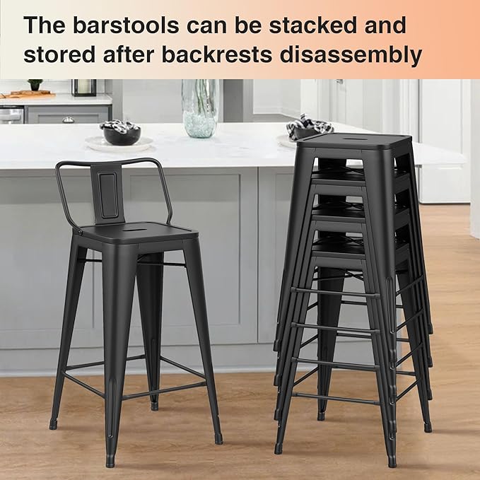 HAOBO Home Metal Bar Stools Set of 2 Low Back Counter Height Barstools 24" Industrial Barstool Patio Stool Metal Kitchen Stools Bar Chairs for Indoor Outdoor
