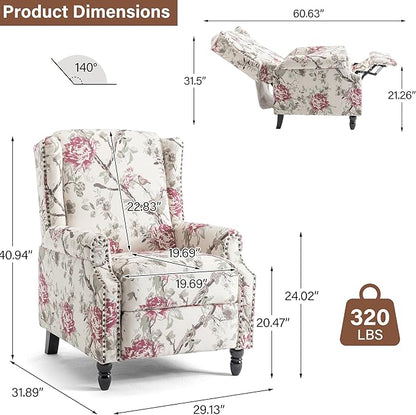 Wingback Recliner Chair Set of 2, Floral Fabric Pushback Recliner Chair, Upholstered Armchair Push Back Recliner, Rivet Trim Single Sofa Accent Chair with Wood Legs for Living Room, Floral Plants