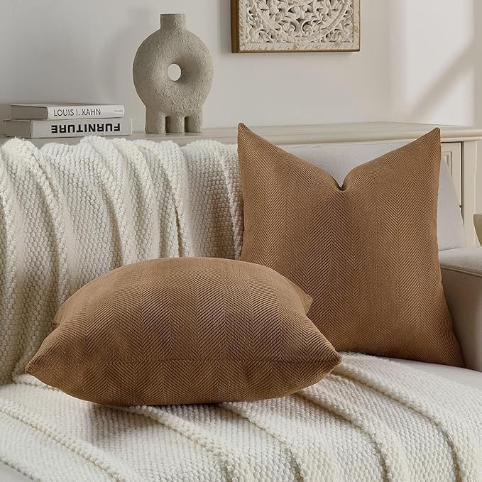 FUTEI Rust Chenille Throw Pillow Covers 24x24 Inch Set of 2,Soft Wide Chevron Textured European Pillow Shams,Farmhouse Home Decor for Couch Bed Living Room