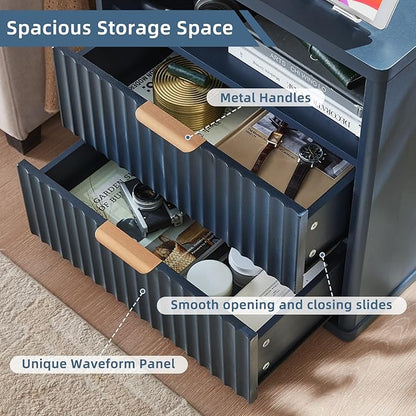 LEYAOYAO Fluted Nightstand with Charging Station, 23" Wide 2 Drawers End Table,Night Stand with Open Storage Cabinet, Farmhouse Bed Side Tables, Wood Dresser for Bedroom, Living Room, Closet, Blue