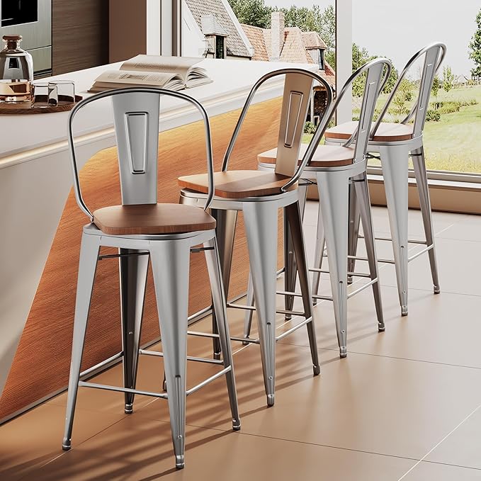 Aklaus Swivel Metal Bar Stools Set of 4 Counter Bar Stools with Back Counter Height Stools Swivel Metal Bar Chairs Wooded Seat 30 Inch Silver
