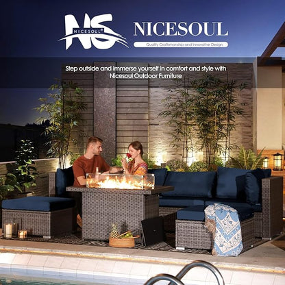 NICESOUL 7 Piece Large Outdoor Patio Furniture Set with Fire Pit Table Gas/Propane, 29.3'' High Back Rattan Modular Sectional Sofa, Extra Wide Conversations for Backyard, 2 Color Cushion Navy & Gray