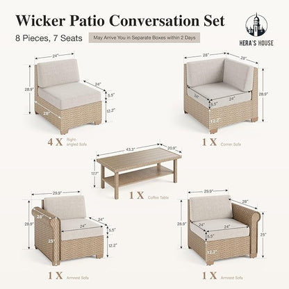 HERA'S HOUSE Patio Furniture Set, All Weather 7 Seats Outdoor Sectional Wicker Sofa with 44" Coffee Table, 5.5" Thick Waterproof Cushion 8 Piece Modular Conversation Sofa Set for Garden Deck Backyard