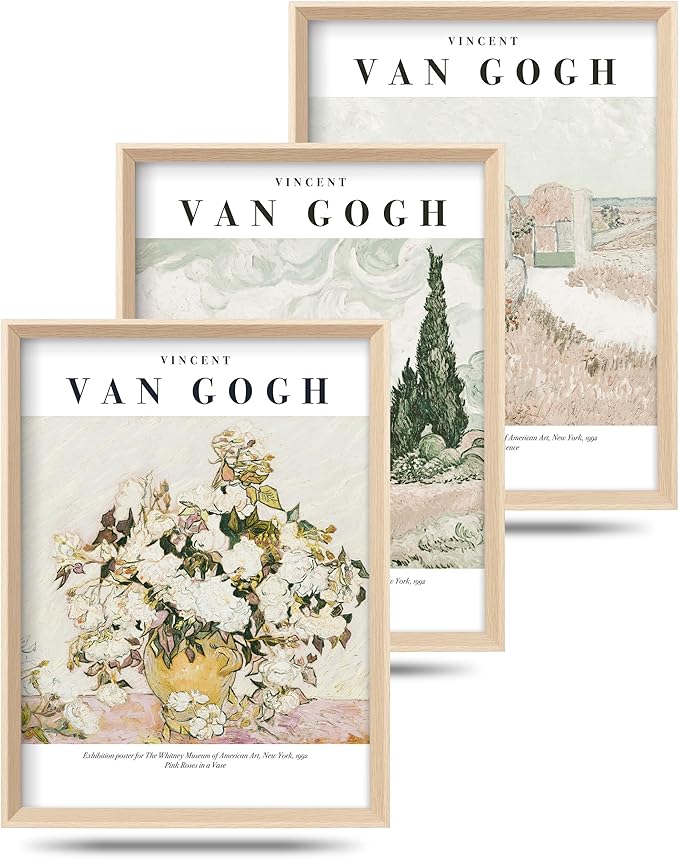 HesenDot Van Gogh High Framed Wall Art Set of 3, 12x16in Neutral Floral Canvas Prints, Abstract Landscape Artwork for Living Room Bedroom Gallery Office Home Décor