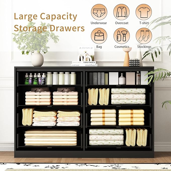 3-Piece Modern Bedroom Furniture Set, Wide 8-Drawer Dresser & 2-Drawer Nightstands Set of 2, Natural Wood Dresser and Nightstand Sets for Bedroom, Hallway, Black