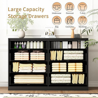 3-Piece Modern Bedroom Furniture Set, Wide 8-Drawer Dresser & 2-Drawer Nightstands Set of 2, Natural Wood Dresser and Nightstand Sets for Bedroom, Hallway, Black
