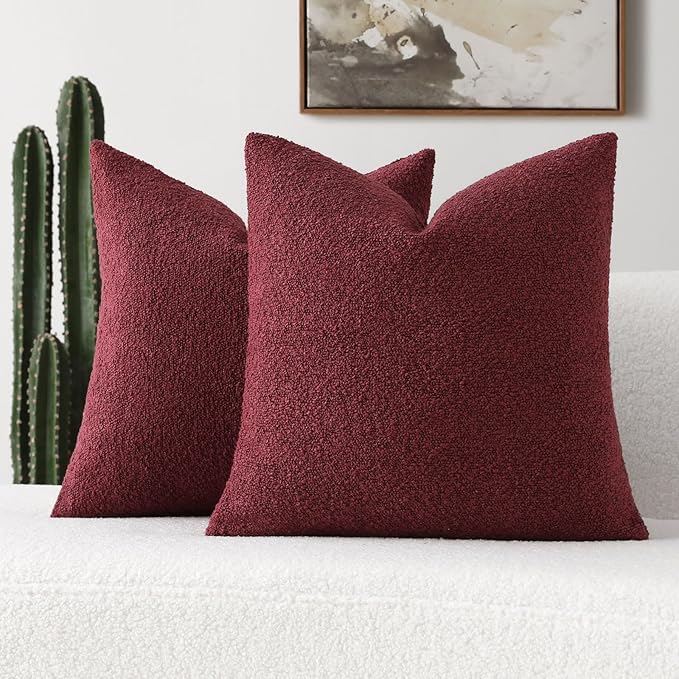FUTEI Pack of 2 Burgundy Decorative Throw Pillow Covers 20x20 Inch Soft Cozy Solid Boucle Textured Cushion Case,Modern Home Decor for Couch Bed Living Room