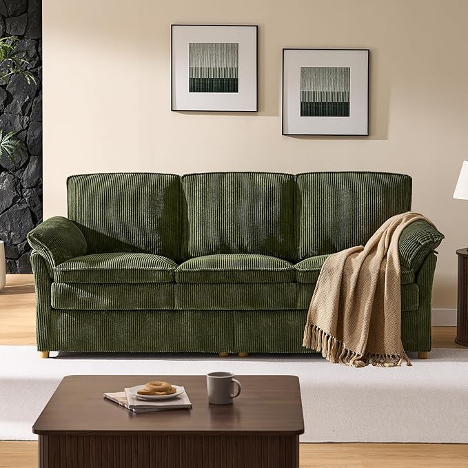 ONBRILL 86.6" Corduroy Couches for Living Room, Comfy 3 Seater Sofa with Pillow-Top Armrest & Dual-Layer Cushions, Mid Century Modern Couch for Bedroom, Apartment, Green