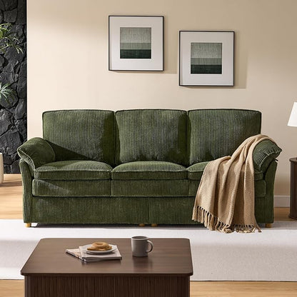 ONBRILL 86.6" Corduroy Couches for Living Room, Comfy 3 Seater Sofa with Pillow-Top Armrest & Dual-Layer Cushions, Mid Century Modern Couch for Bedroom, Apartment, Green