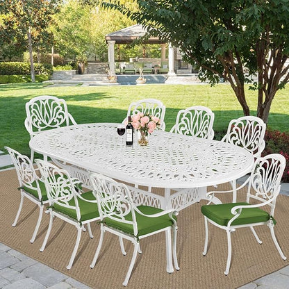 MEETWARM 9-Piece Outdoor Patio Dining Set, All-Weather Cast Aluminum Patio Conversation Set for Backyard Garden Deck with 1 Oval Table, 8 Outdoor Dining Cushioned Chairs, 2" Umbrella Hole, White