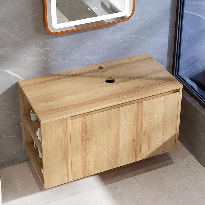 30 Inch Floating Bathroom Vanity with Sink – Wall-Mounted Vanity with Hidden Drawer, Natural Wood Finish, Modern Vessel Sink Vanity for Bathroom(Nature Without Sink, 30")