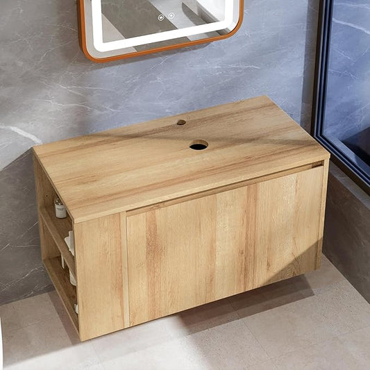 30 Inch Floating Bathroom Vanity with Sink – Wall-Mounted Vanity with Hidden Drawer, Natural Wood Finish, Modern Vessel Sink Vanity for Bathroom(Nature Without Sink, 30")