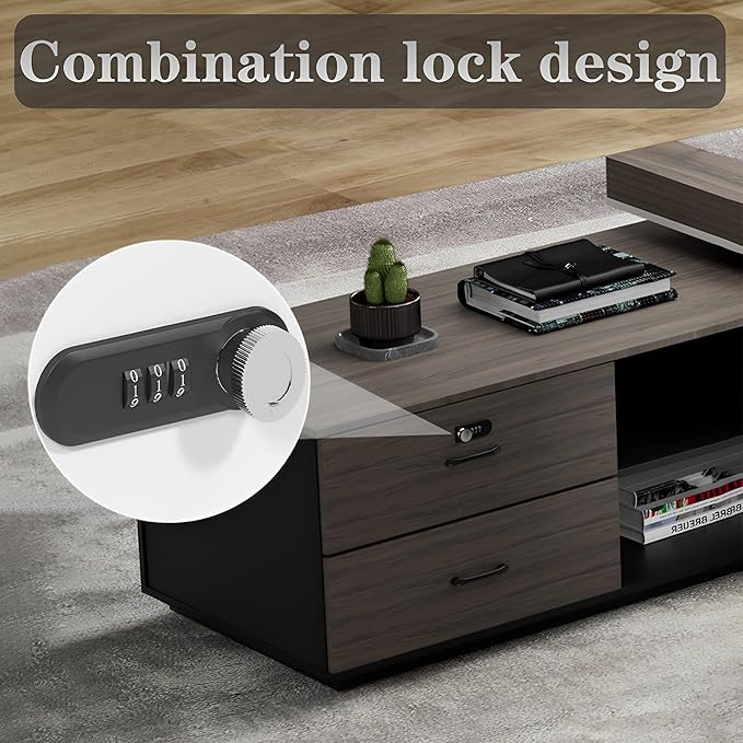 Modern Large Desk, Modern L-shaped Desk With Side Cabinets, Executive Desk With Combination Lock Drawer, Business Furniture Desk With Simple Cable Management (chair Not Included)(63x29.5x94.48inch)