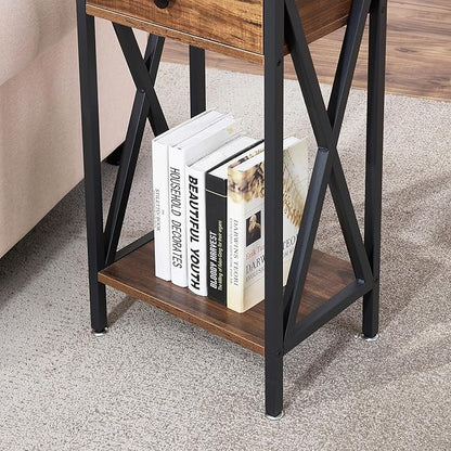 VECELO Tall Nightstand Set of 2,27.6 inch Wooden End Table with Metal X-Frame,Side Table with Drawer and Storage Shelf for Living Room Bedroom Entryway Small Spaces