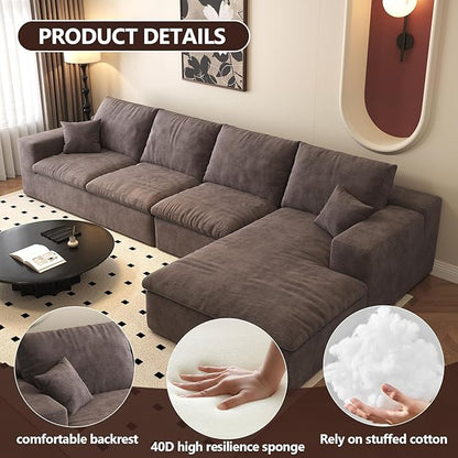 136.6'' L-Shaped Modern Modular Sectional Cloud Couch, 4-Seat Chenille Deep-Seat Sofa with Pillow for Living Room, Bedroom, Apartment, Camel