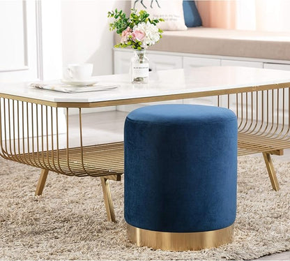 DAGONHIL Modern Round Velvet Ottoman,Upholstered Make-up Short Stools with Gold Plating Base,Foot Stool for Living Room,Pack of 1,Blue