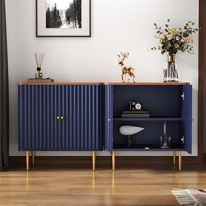 HLR Sideboard Buffet Cabinet with Fluted Texture, White Accent Cabinet with 2 Doors, Modern Credenza Storage for Kitchen Living Room, Entryway (Blue, 2Piece)