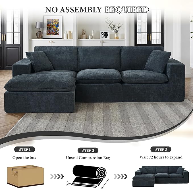 108" Sectional Couches for Living Room Boneless Couch Upholstered Cloud Couch Sectional Modular Sectional Sofa with L Shaped (Chenille-Blue, 3 Seat+1 Ottoman)