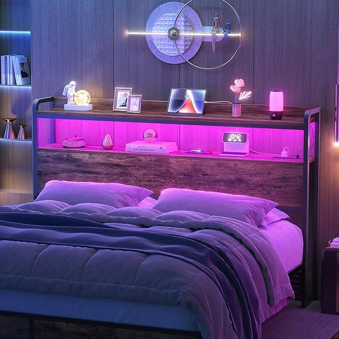 Aheaplus Headboard for Full Size Bed Frame, Headboards with Outlets, USB Ports and LED Light, Head Board with Storage, Height Adjustable, Sturdy and Stable Headboard, Full Size, Rustic Brown