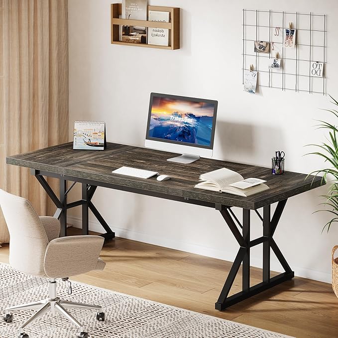 Tribesigns 70.86-Inch Large Executive Desk, Industrial Home Office Computer Desk, Simple Long Writing Study Table Business Furniture (Oak/Black)