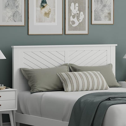 Serene Poplar Wood Queen Size Headboard in White, Modern Farmhouse Panel with Chevron Scoring, Casual Coastal Style, Easy Assembly, Quality Materials