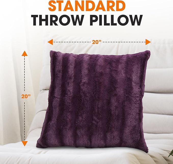 Cheer Collection Faux Fur Throw Pillows - Decorative Pillows for Couch, Bed Throw Pillows, Purple Accent Pillows for Bedroom or Living Room Aesthetic, Set of 2 Furry Throw Pillows, 20" x 20"