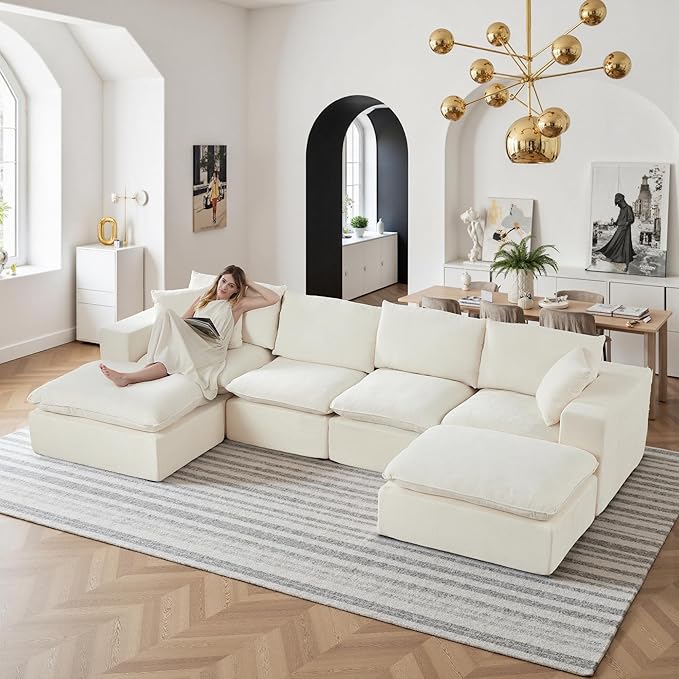 108" Sectional Couches for Living Room Boneless Couch Upholstered Cloud Couch Sectional Modular Sectional Sofa with L Shaped (Chenille-White, 4 Seat+2 Ottoman)