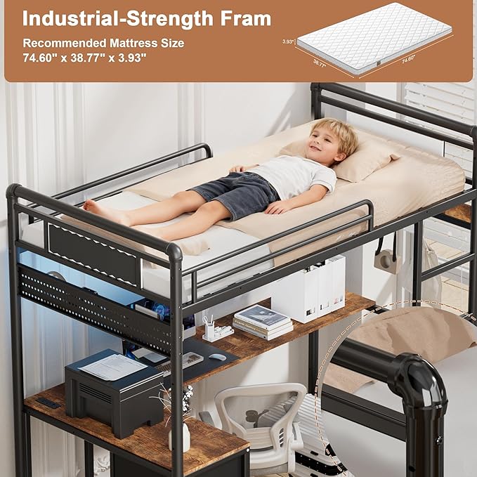 Twin Loft Bed with Desk, Gaming Bunk Bed with Stairs, Metal Loft Bed Heavy Duty Loft Beds for Adults, 3 Fabric Drawers, LED Lights & Charging Sation, No Noise & No Box Spring Needed, Black