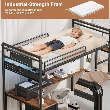 Twin Loft Bed with Desk, Gaming Bunk Bed with Stairs, Metal Loft Bed Heavy Duty Loft Beds for Adults, 3 Fabric Drawers, LED Lights & Charging Sation, No Noise & No Box Spring Needed, Black