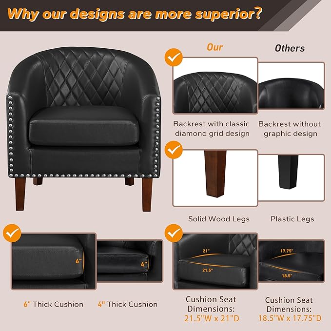 Prilinex Comfy Barrel Accent Chair - Faux Leather Living Room Chair Club Chair with Cushion, Diamond Grid Backrest & Nailhead Trim, Guest Chair for Office, Bedroom & Waiting Room, Black