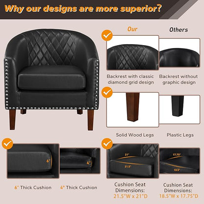 Prilinex Comfy Barrel Accent Chair - Faux Leather Living Room Chair Club Chair with Cushion, Diamond Grid Backrest & Nailhead Trim, Guest Chair for Office, Bedroom & Waiting Room, Black