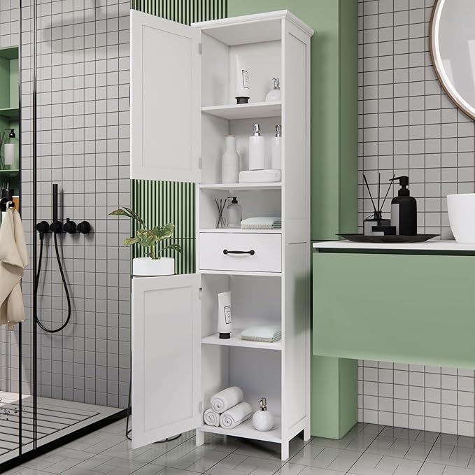 Tall Bathroom Storage Cabinet, White Bathroom Cabinets Freestanding, Narrow Storage Cabinet w/Adjustable Shelves for Home, Kitchen, Versatile, Anti-Tipping