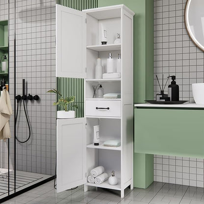Tall Bathroom Storage Cabinet, White Bathroom Cabinets Freestanding, Narrow Storage Cabinet w/Adjustable Shelves for Home, Kitchen, Versatile, Anti-Tipping