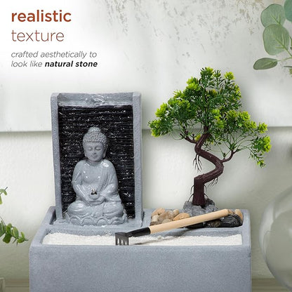 Alpine Corporation DIG278 13" Indoor/Outdoor Tabletop Fountain with LED Lights, Buddha Bonsai Garden Water Feature for Home, Patio & Desk Décor, Gray