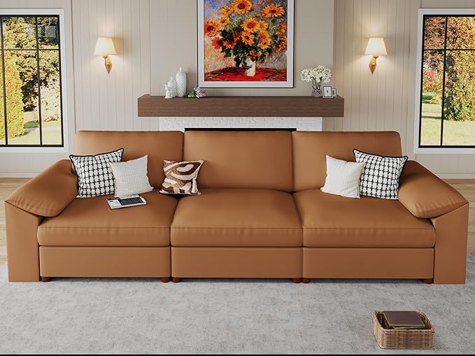 EASE MOOSE 3 Seater Deep Seat Sectional Sofa, Scratch Resistant Faux Leather Material, Oversized Modular Couch for Living Room,Modern Comfy Sofas for Small Spaces,Brown