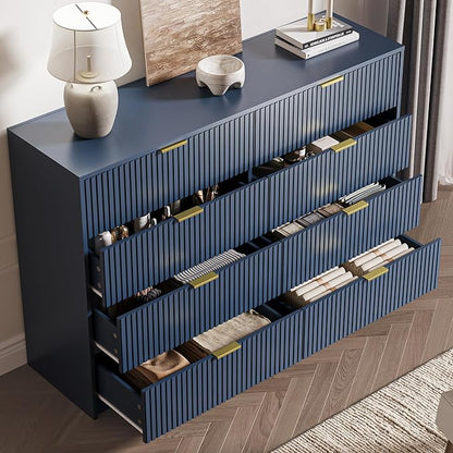 3-Piece Dresser Bedroom Set, 8 Drawer Dresser & 3 Drawer Nightstands with Gold Handles, Fluted Wood Chest of Drawers for Bedroom, Living Room, Entryway, Navy Blue