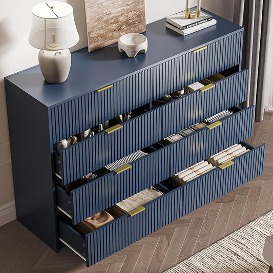 3-Piece Dresser Bedroom Set, 8 Drawer Dresser & 3 Drawer Nightstands with Gold Handles, Fluted Wood Chest of Drawers for Bedroom, Living Room, Entryway, Navy Blue