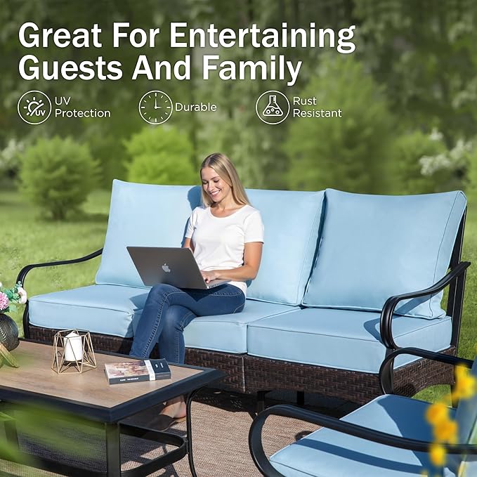 PHI VILLA Patio Furniture Set with 56" Fire Pit Table, Premium Outdoor Wicker Metal Frame Furniture with Upgraded Waterproof Thick Cushions for Porch, Poolside, Deck, and Yard （4 Pieces,Blue）