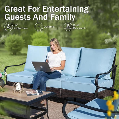 PHI VILLA Patio Furniture Set with 56" Fire Pit Table, Premium Outdoor Wicker Metal Frame Furniture with Upgraded Waterproof Thick Cushions for Porch, Poolside, Deck, and Yard （5 Pieces, Blue