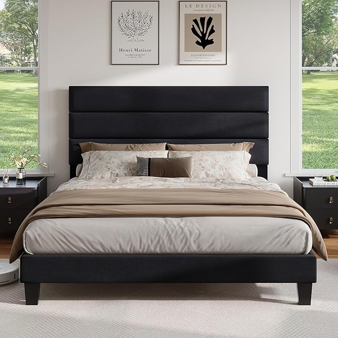 AMERLIFE Full Size Bed Frame with Linen Upholstered Headboard, Modern Platform Bed with Wooden Slats Support, Noise-Free, No Box Spring Needed, Easy Assembly, Black